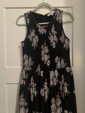 LOFT Blue Floral Smocked Bodice Midi Dress